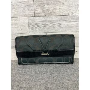 COACH ASHLEY WALLET Vintage Black Signature Trifold Snap Closure Organizer